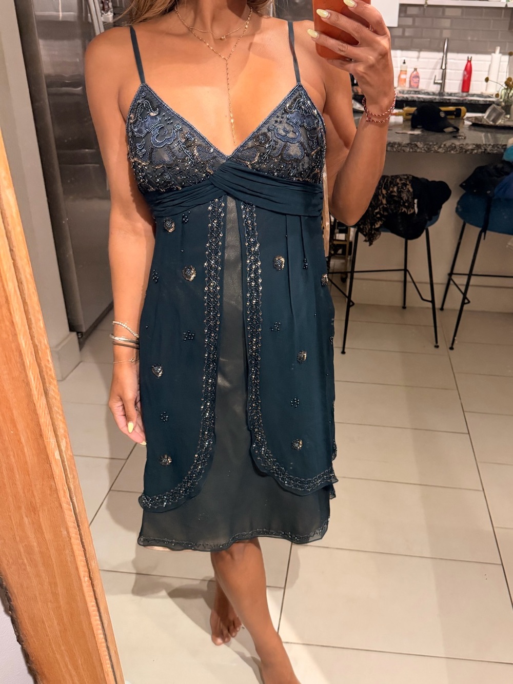 Vintage Y2K Embellished Navy Blue Beaded Spaghetti Strap Dress